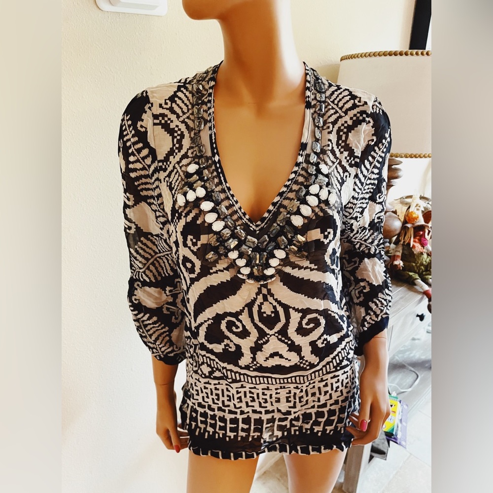 MILLY of New York Black Ikat beaded tunic blouse shirt top 10 M medium
